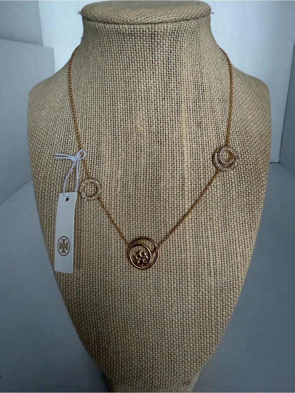 Tory Burch Miller T Gold Double-Circle Pendant Necklace with Crystal Rings - Picture 2 of 5